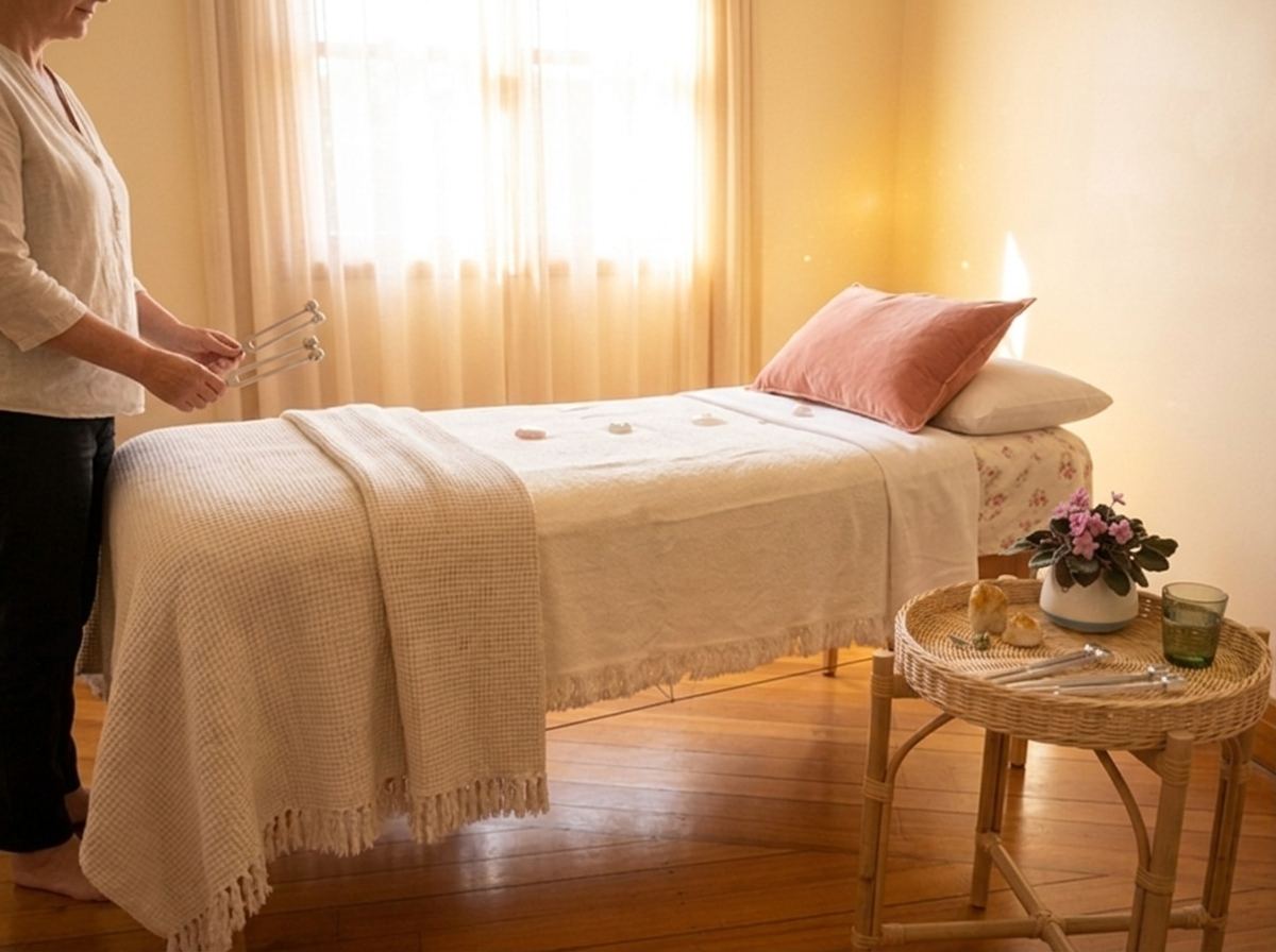The Reiki treatment space at Terra Lume — a calm, softly lit room at Eaglehawk Neck Hall on the Tasman Peninsula, with treatment table, blush cushion and rattan side table.
